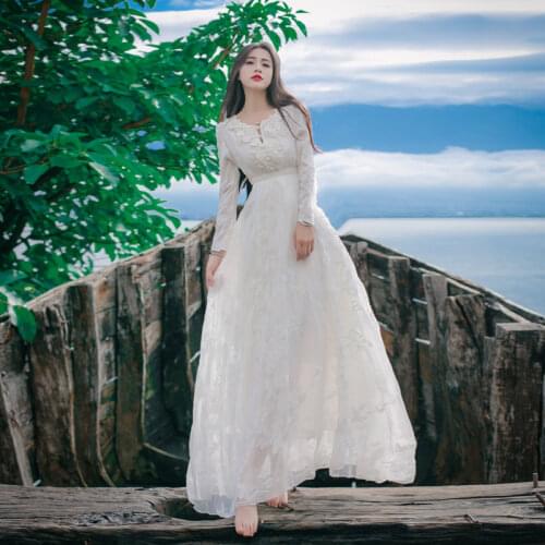 White Lace Dress 2021 Spring Summer Women Elegant Boho O Neck Casual Dress Robe Femme Long Sleeve Beach Party Dress Vestidos