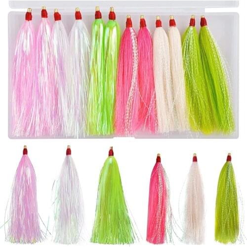 12PCS Bucktail Teaser Jig Fishing Lures Flash Skirt Fluke Rigs Fishing Hooks Teaser Lure Kit DIY Fishing Tackle
