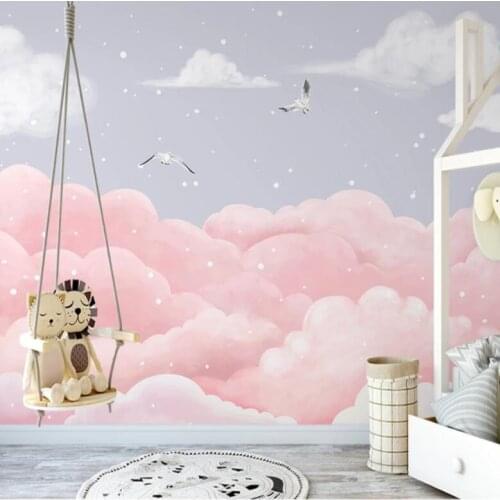 Milofi custom 3D wallpaper mural Nordic hand-painted fantasy clouds seabirds childrens room small fresh pink high-end decorativ