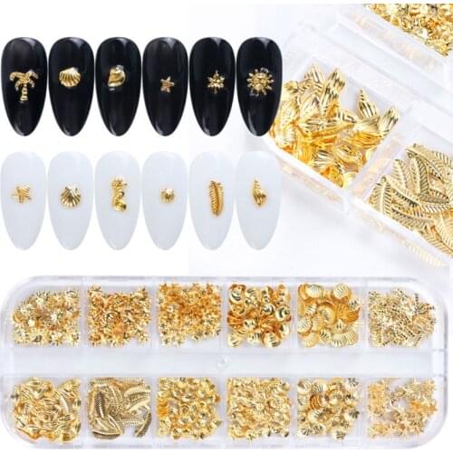 Golden Alloy Nail Art 3D Decorations Metal Rivets Charms Studs Ocean Feather Star Starfish Seashell Manicure DIY Decals Embellis