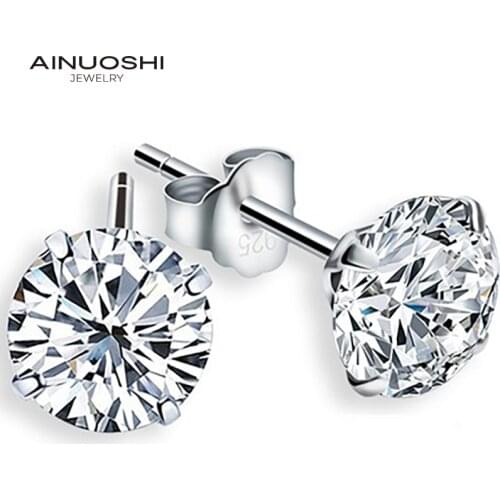 AINUOSHI Round Cut 6mm SONA Diamond Simple Stud Earrings For Women 100% Real 925 Silver Jewelry Gifts