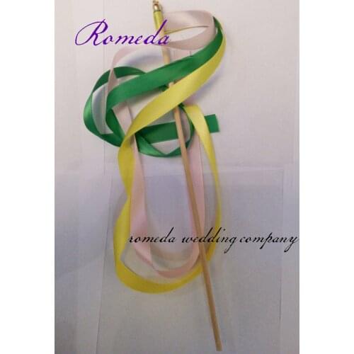 Big Discount Wedding wands ribbon streamers with 3pcs stain ribbon(Pink + Green+ Yellow) and bells for wedding party