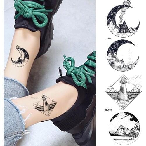 Black Small Moon Temporary Tattoo Stickers Women Arm Ankle Art Water Transfer Tatoos Geometric Lighthouse Peak Men Body Comping
