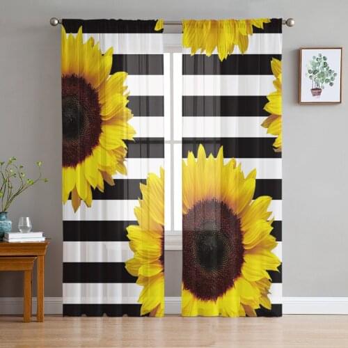 Black And White Stripes Sunflower Voile Tulle Sheer Curtains for Bedroom Living Room Kitchen Decor Chiffon Windows Curtain
