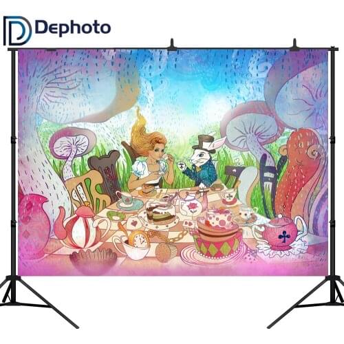 DePhoto Photography Backdrop Alice in wonderland Party mushrooms Dessert table Birthday Party Children photo background studio