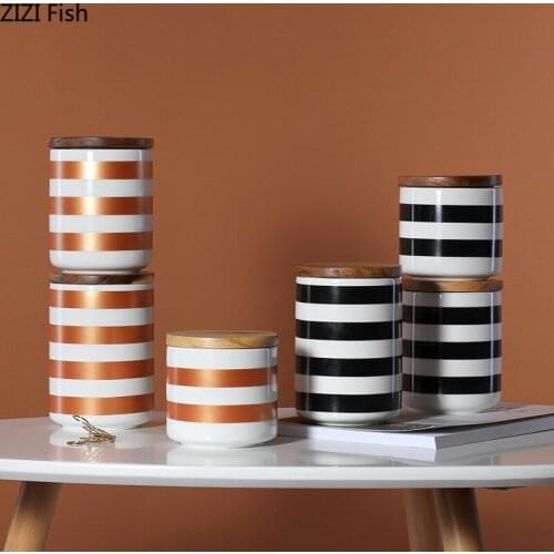 European Striped Ceramic Storage Jar with Lid Coffee Snack Tea Cans Household Geometric Candy Jar Kitchen Storage Container Gift