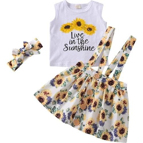 FOCUSNORM Summer Lovely Baby Girls Clothes Sets Sunflowers Letter Print Sleeveless Vest Tops Suspender Skirt 0-3Y