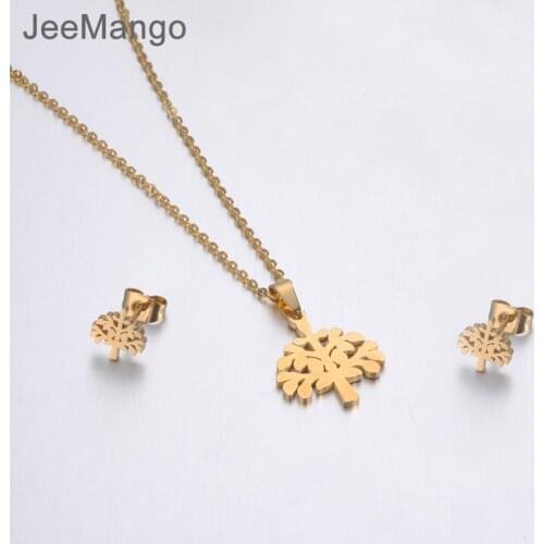 JeeMango Stainless Steel Sets For Women Girls Gold Color Tree Shape Necklace Earrings For Women Lovers Anniversary Jewelry