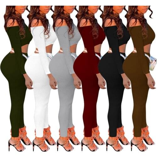 Two Piece Women Ribbed Autumn Sheath Sets Long Sleeve Crop V Neck Top High Waist Pants Sexy Female Fashion Bodycon Party Outfit