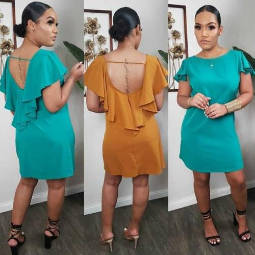 Summer sexy fashion trend womens round neck open back ruffled solid color dress