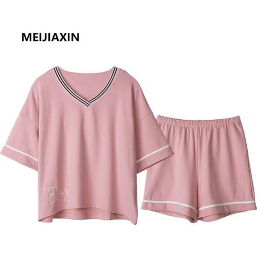 Summer Knitted Cotton Women Pajamas Set Short Sleeve V-neck Girls Sleepwear Casual Soft Sweet Big Size Female Homewear Clothing