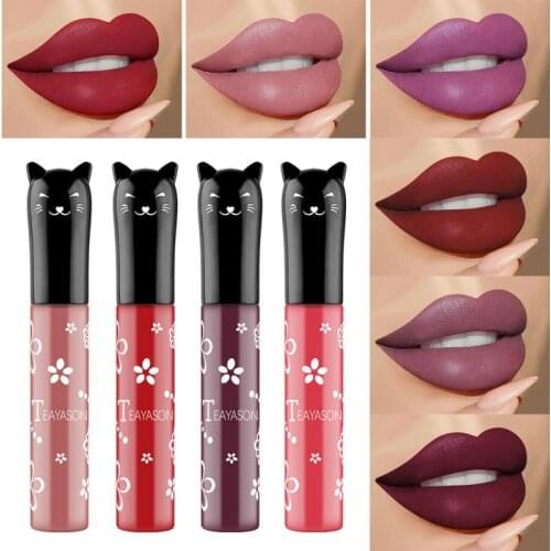 TEAYASON Matte Lip Glaze Student Cute Kitten Dry Non-stick Cup Non-fading Waterproof Liquid Lipstick Lip Gloss Lips Makeup TSLM2