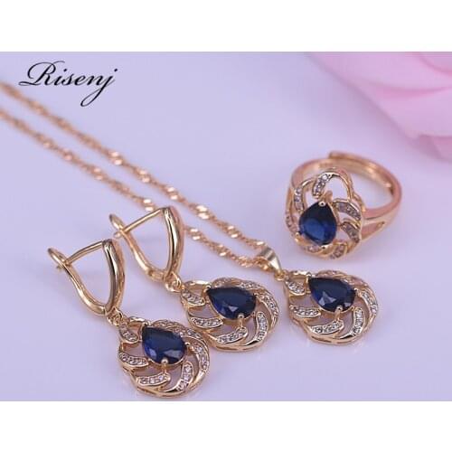 Many Colors Top Zircon Water Drop 18K Gold Jewelry Set For Women Adjustable Ring Necklace Earrings Pendant Nice Present
