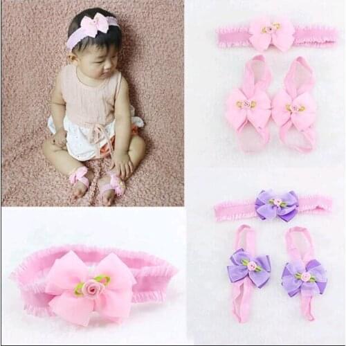 Fashion Baby Girls Flower Headband and Barefoot Sandal Shoes Set One Hundred Days Baby Photography Accessories Birthday Gifts