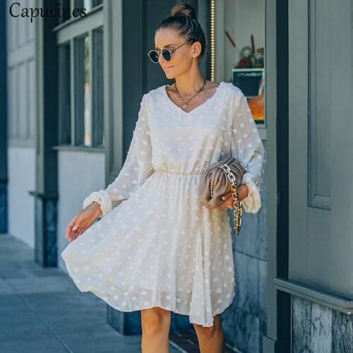 Capucines Fashion V Neck Flocking Chiffon Dress Autumn Long Sleeves Elastic Waist A Line Slim Dresses For Women 2021 Robe Femme