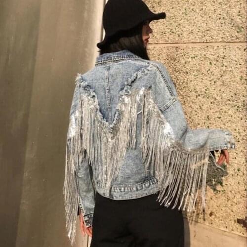 Fashion Womens Denim Jackets 2021 Spring Jean Coat Female New Fringed Sequined Denim Jacket Women