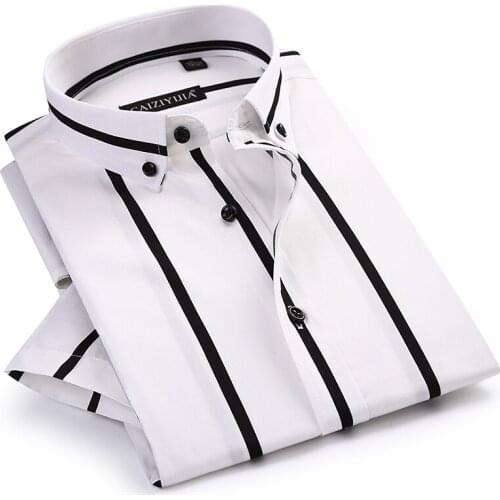 Mens Contrast Wide Stripes Short Sleeve Dress Shirts Comfortable Soft Standard-Fit Summer Thin Casual Button-down Office Shirt