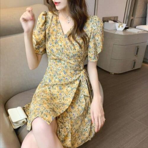 2021 Summer New Mori Series Waist Was Thin V-Neck Floral Big Swing Short-Sleeved Dress Female Ins Printed Skirt