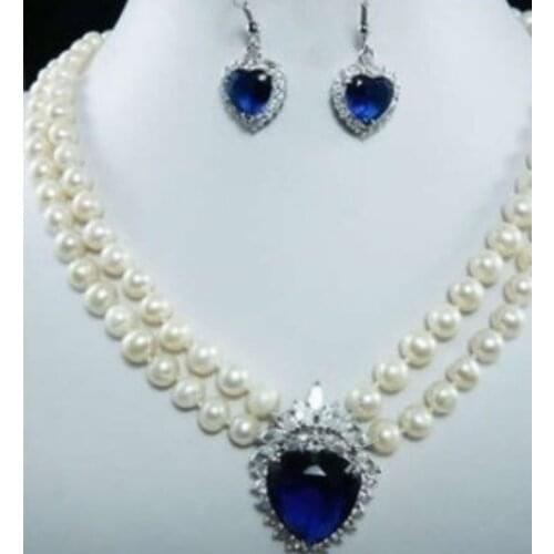 Wholesale good 7-8mm White Pearl Blue Crystal Pendant Necklace+Earring Natural Freshwater pearl 925 jewelry