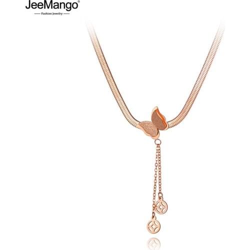 JeeMango Fashion Stainless Steel Butterfly Snake Necklaces Jewelry Ethnic Tassel Animal Charm Pendant Necklace For Women JN20018