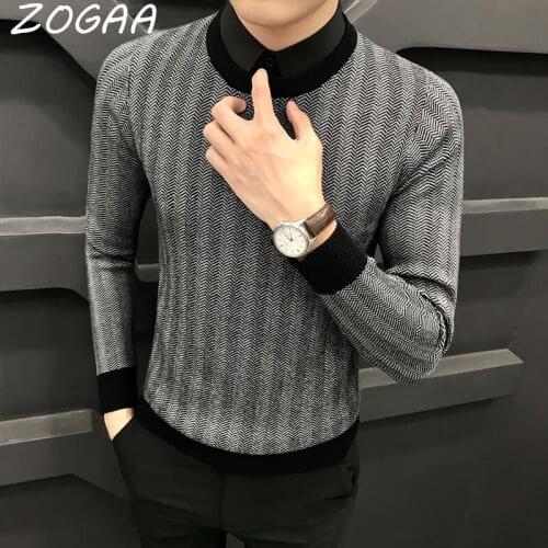 ZOGAA Pullover Mens Sweater 2021 Casual Striped Solid Color Sweater Mens Half-High Collar Stretch Tight Sweater Slim Knit Top
