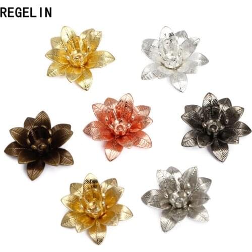 REGELIN 7 Colors Copper Filigree Flowers Base Connector 10pcs/lot Bead Cap Charms Setting 6*15mm For Jewelry Making Findings