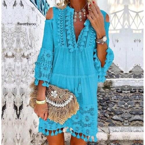 Boho Chic v neck Dress Women solid tassel summer linen bohemian style dress long sleeve Plus Size hipple Dresses femme