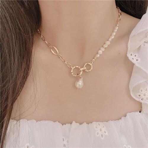 AOMU Korea Fashion Autumn Winter Baroque Freshwater Pearl Chain Stitching Necklace Asymmetric Sweater Chain for Female Jewelry