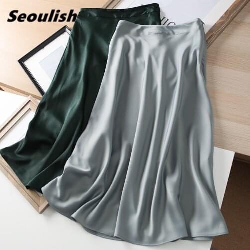 Seoulish 2021 New Stain Womens Long Skirts Solid High Waist Female Minimalism Elegant A-Line Party Office Skirts Spring Summer