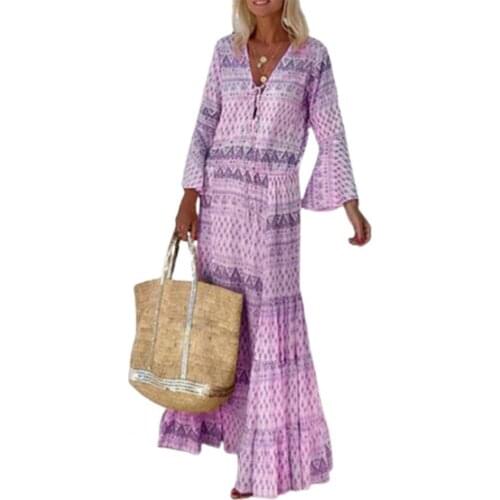 Women Dress Bohemian Spring Autumn Geometric Print Flare Sleeve V Neck Ruffled Hem Bohemian Dress Maxi Dress Beachwear 3XL