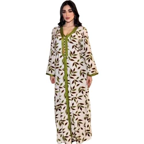 Casual Abaya Muslim Women Printed Long Dress Ethnic V-neck Loose Kaftan Maxi Robe Gown Middle East Ramadan Islamic Vestido New