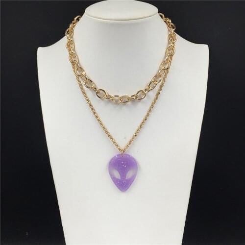 Chic Unique Gold Color Plating Chuky Chain Purple Alien Pendant Layered Necklace For Women Girl Special Cosplay Decoration Jewel