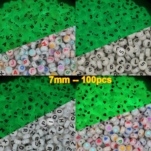 100Pcs 7mm DIY Acrylic Charms Letter Beaded Necklace Handmade Glow In The Dark Beads Luminous Beads for Bracelets Jewelry Making