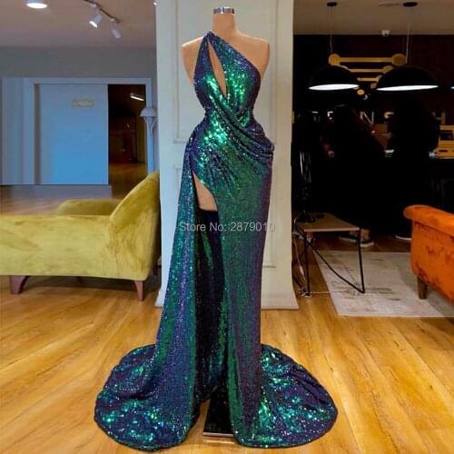 2019 Brilliant Formal Lady Dress One-Shoulder Sheath Green Color Halter Sequins Full-length Evening Dress Dubai Prom Dress