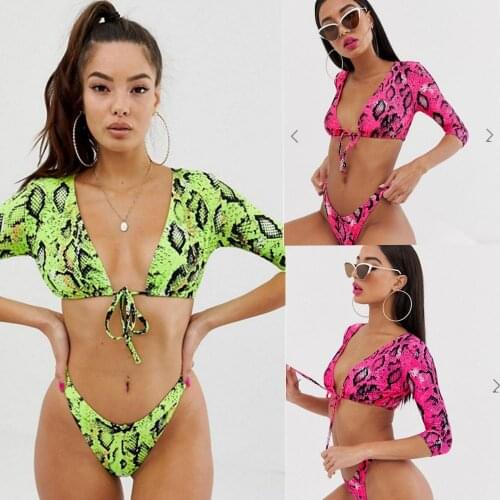 2021 Summer Women Two Piece Swimwear Sexy Swimsuit Snakeskin Print Lon Sleeve Bathing Suit High Waist Bikni Set Push Up Beachwer