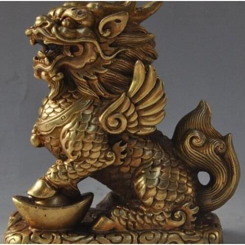 5"chinese brass wealth yuanbao Kirin Unicorn Kylin dragon head wing beast statue