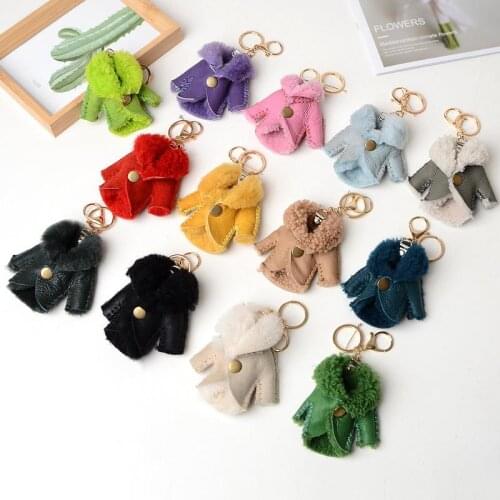 Korea Style Chain Accessories 2020 New Kawaii Mini Coat Real Fur Leather Keyrings For Women Charm Bag Holder Phone Pendant New