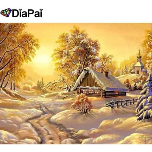 DIAPAI 5D DIY Diamond Embroidery Full Display "Snow sunset house view"Diamond Painting Square/Round Rhinestones Decor Art A26602