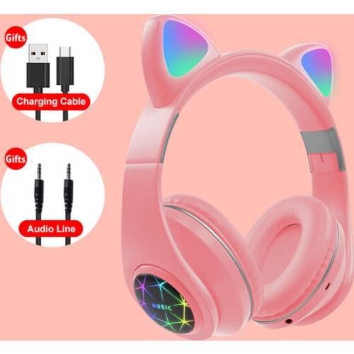 Cute Cat Bluetooth-compatible Headphone With Microphone Colorful LED For Kids Gifts