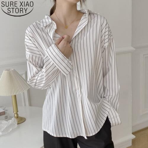 Korean Striped Blouse Women Casual Loose Office Lady Tops Long Sleeve Shirts OL Style Female Fashion 2021 Blusas Clothes 11876