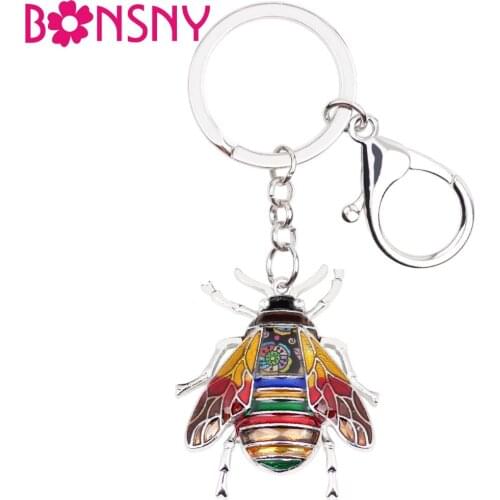 Bonsny Enamel Alloy Bee Honeybee Key Chains Ring Gift For Women Girl Ladies Handbag Charms Car Key Keyring Animal Jewelry Bulk