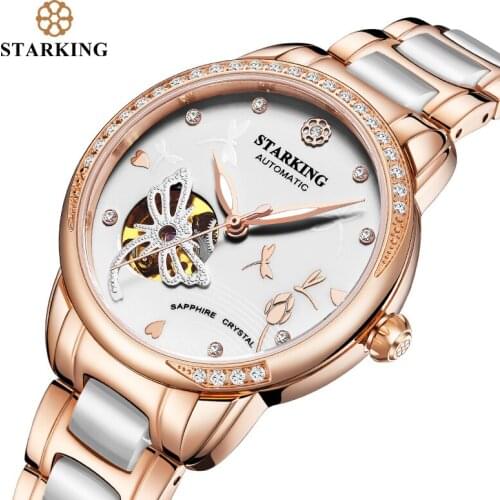 STARKING Women Mechanical Watch Dress Fashion Ceramic Rose Gold Lady Watch Sapphire Crystal Diamond Women Clock 5ATM Waterproof