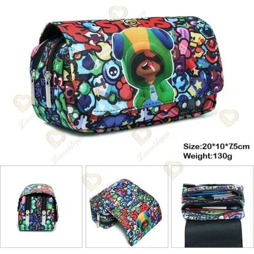 Shark Leon Kids Stars Print Pencil Case Game Canvas Stretch Double Layer Large Capacity Pencil Box Cute Kids School Stationery