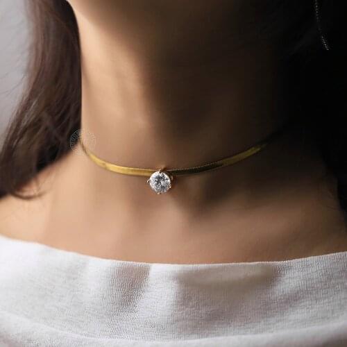 CZ Charm Choker Necklaces For Women Gold Color Stainless Steel Snake Chain Herringbone Link Wholesale Jewelry Gifts LDN304