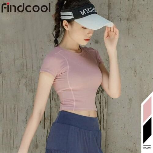 Findcool Women Crop Top Yoga T shirt O-neck Short Sleeve Tshirt for Gym Running Fitness Workout Seamless Top Shirts