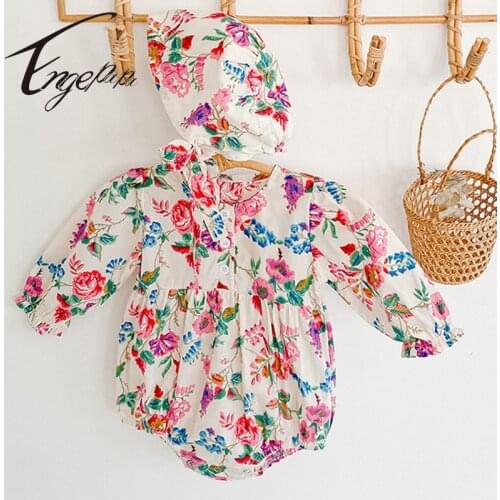 Engepapa Korean Style Spring Autumn Infant Baby Girls Bodysuits+Hat Newborn Baby Girls Flower Cotton Long Sleeve Jumpsuit