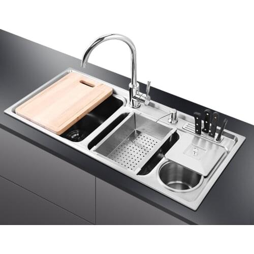Kitchen Basin SUS304 stainless steel three tank wash vegetable pot lengthening multi-function with trash can Kitchen sink