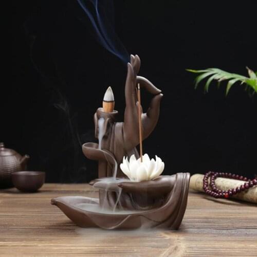 Backflow Incense Burner Ceramic The Monk Buddha Hand Holder Lotus Tower Incense Burner Zen Room Incense Holder for Home Decor