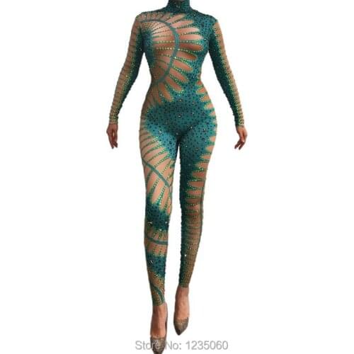 Fashion Rhinestones Green Nude Jumpsuit Sexy Stretch Dance Bodysuit Performance Party Celebrate Stage Show Costume Wear
