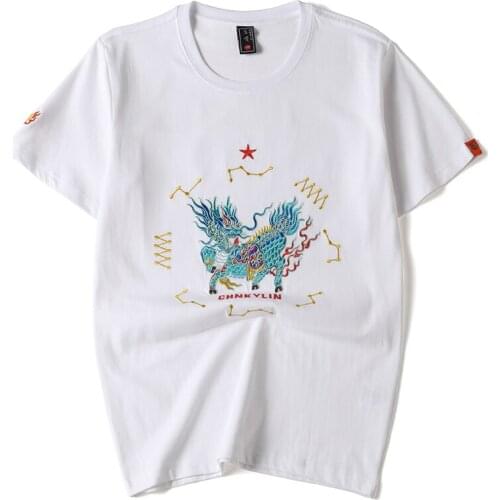 Brand 2021 Summer 100% Cotton Black White T-shirt Mens Embroidery Unicorn O-Neck Shirt Tees Male Chinese Style Big Size M-4XL